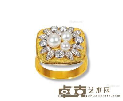  金镶珍珠配钻石方板戒指 --