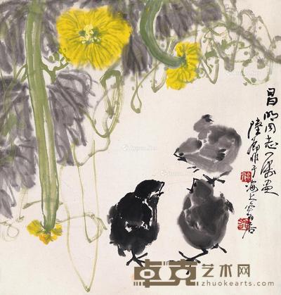  瓜棚禽趣图 镜片 设色纸本 41×39cm
