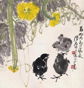 瓜棚禽趣图 镜片 设色纸本