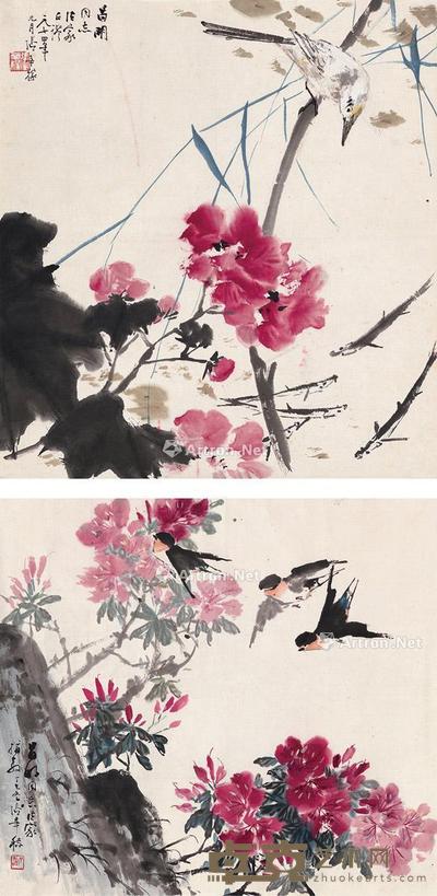  池边禽趣图 丛花飞燕图 （二帧） 镜片 设色纸本 41.5×38cm；59×54cm