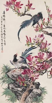 1960年作 枝头喜鹊图 镜片 设色纸本