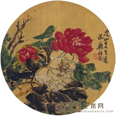 花开富贵图 扇页 设色泥金绢本 直径25.5cm