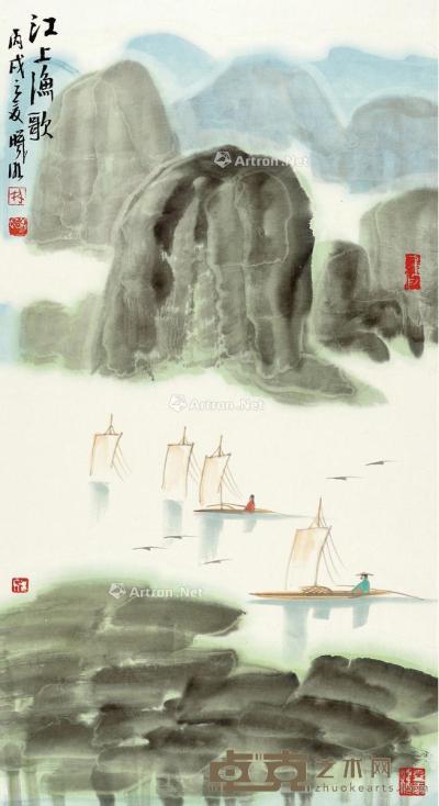  2006年作 江上渔歌 立轴 设色纸本 88×47cm