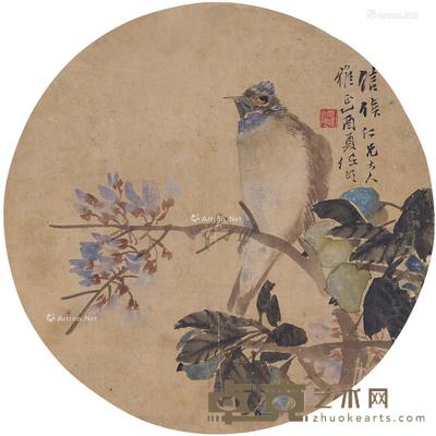1885年作 紫藤小鸟图 扇页 设色绢本 直径25.5cm