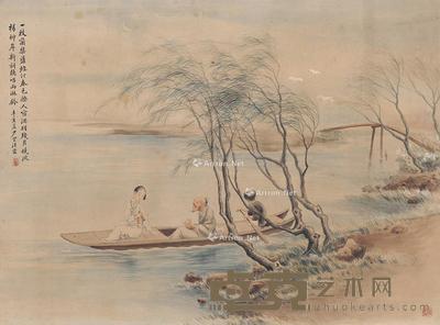 1911年作 泛舟赏春图 镜片 设色纸本 75×56cm