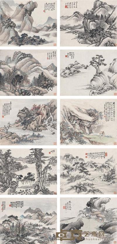  1922年作 山水册 （十帧） 镜片 设色纸本 36.5×30cm×10