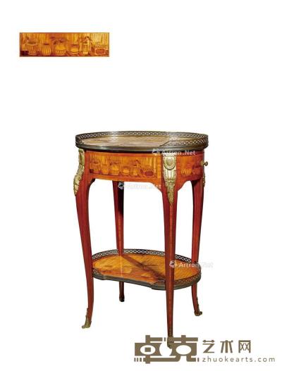  19世纪制 铜鎏金细木镶嵌双层中央小桌 高74cm；长51cm；宽37cm