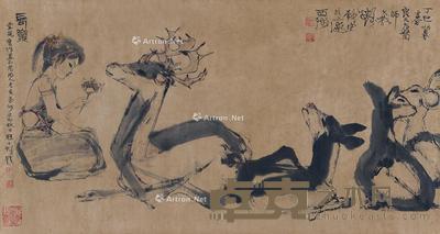  1977年作 长乐图 横披 设色纸本 122.5×65cm