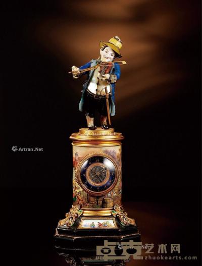  19世纪制 法国珐琅人偶台式钟 高25cm；底部直径10cm