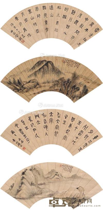 书画合璧扇轴 (四挖) 扇轴 设色洒金纸本 设色纸本 纸本 51×17.5cm×4