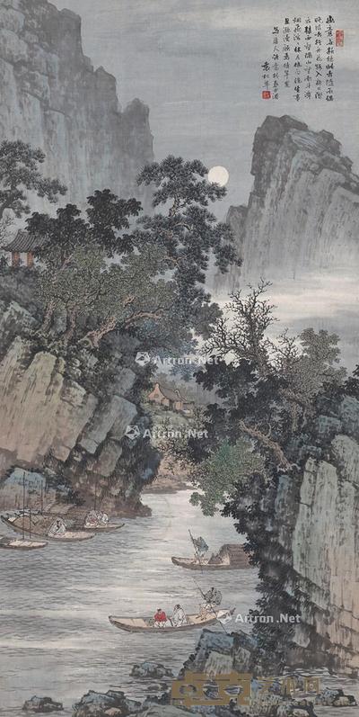  秋月渔舟图 立轴 设色纸本 134×67cm