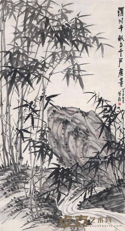 1923年作 竹石溪水图 立轴 设色纸本 178×95.5cm