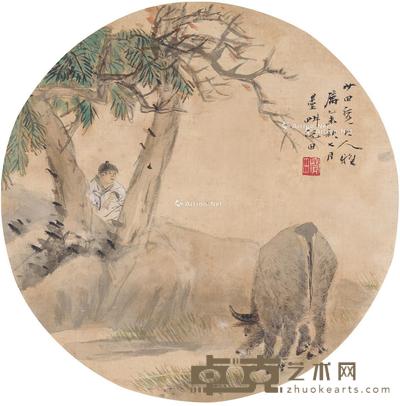 1895年作 放牛图 扇页 设色绢本 直径24.5cm