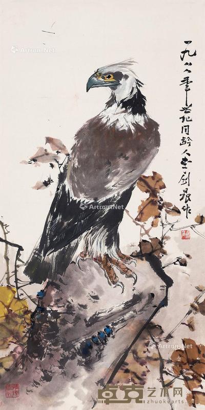 1988年作 鹰 立轴 设色纸本 96×48cm
