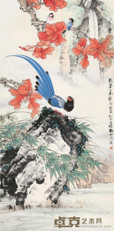  丙寅（1986）年作 锦鸡 镜片 设色纸本 134×66cm