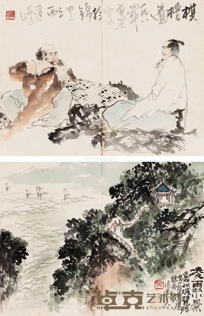 山水、人物 册页 设色纸本 30×39cm×2