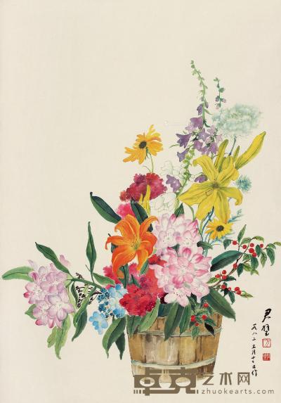  1982年作 群花图 镜片 设色纸本 83×57cm