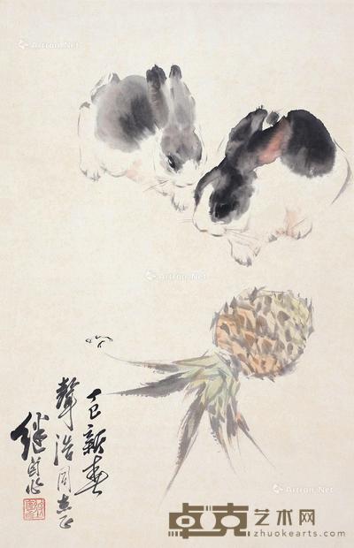 1977年作 双兔图 镜框 设色纸本 61×40cm
