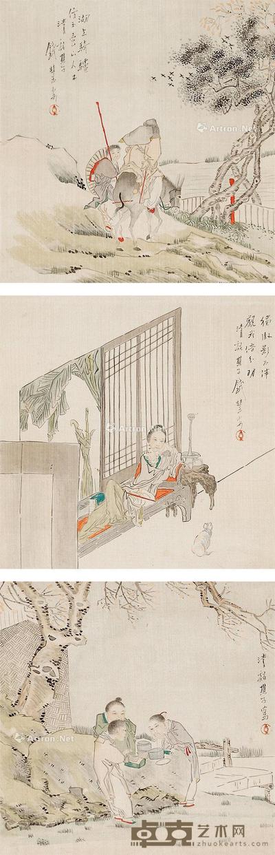 人物三桢 立轴 设色纸本 25×25cm×3