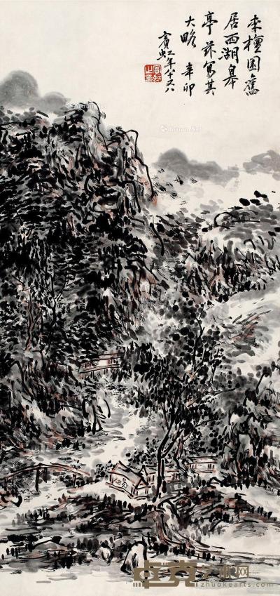  辛卯（1951）年作 李檀旧居图 立轴 设色纸本 66×31cm