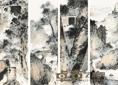 山水四条屏 镜片 设色纸本 106×34cm×4