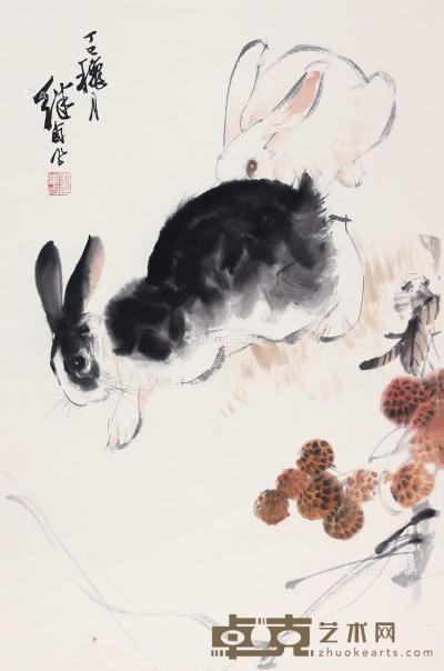  1977年作 兔子 立轴 设色纸本 70×46cm