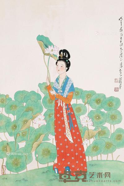 1978年作 荷花仕女 镜片 设色纸本 67×45cm