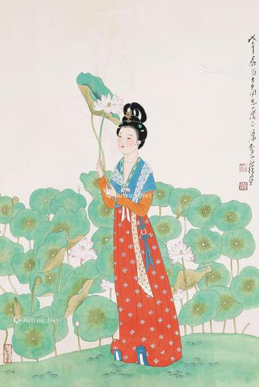  1978年作 荷花仕女 镜片 设色纸本