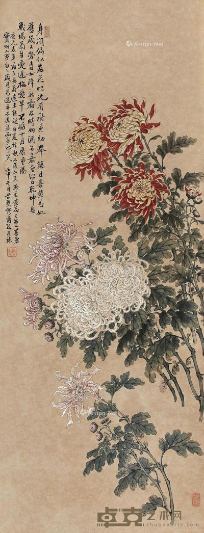  壬申（1932）年作 秋菊新霜 立轴 设色纸本 103×39cm