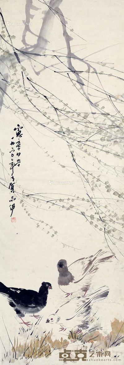 1960年作 和平鸽 立轴 设色纸本 116×40cm