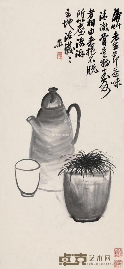  蒲盆茶壶 立轴 水墨纸本 71×33cm