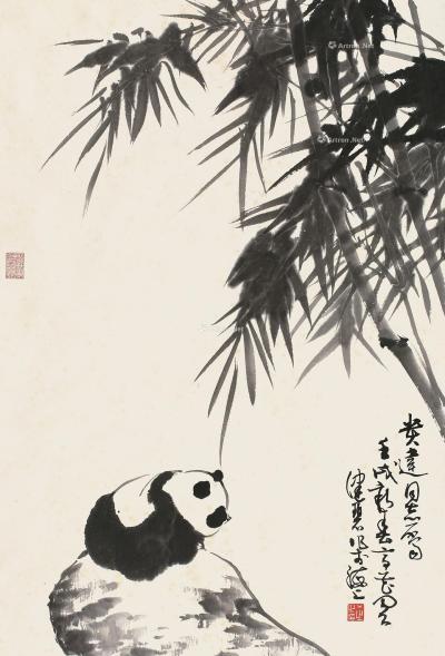  熊猫 镜片 水墨纸本