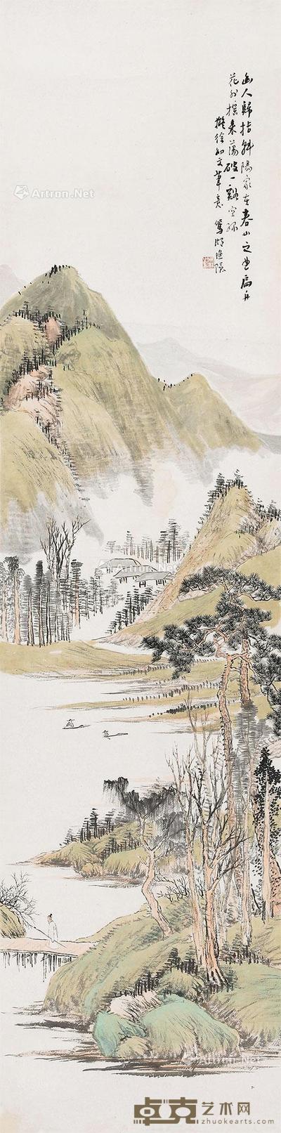 春山扁舟 立轴 设色纸本 135×33cm