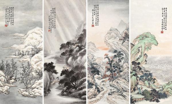  山水 （四件） 四屏镜片 设色纸本