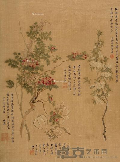  四芳竞艳 镜片 设色绢本 59×43cm