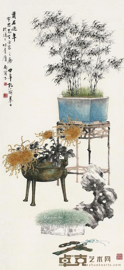  蒲石延年 立轴 设色纸本 105×48cm