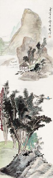  乙酉（1945）年作 林间泛舟 立轴 设色纸本
