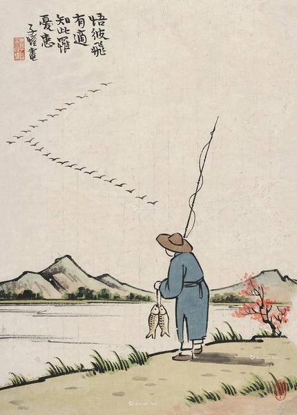  放生图 镜片 设色纸本