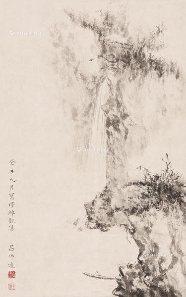  停棹观瀑图 镜片 设色纸本