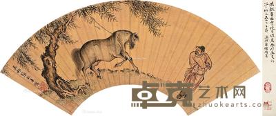 驯马图 扇片 设色金笺 --