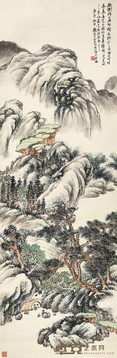  庚午（1930）年作 山居秋暝 立轴 设色纸本 136×44cm