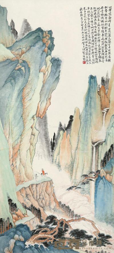  庚辰（1940）年作 秋山行旅图 立轴 设色纸本 130×60cm