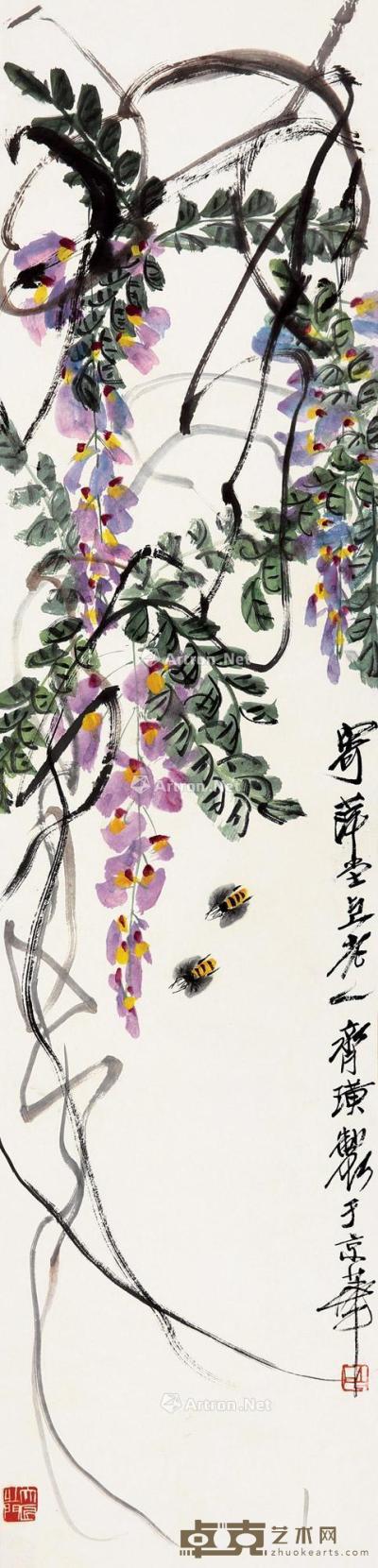  紫藤蜜蜂 立轴 设色纸本 134×33cm