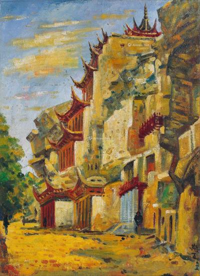  1945年作 清晨的寺庙 布面油画
