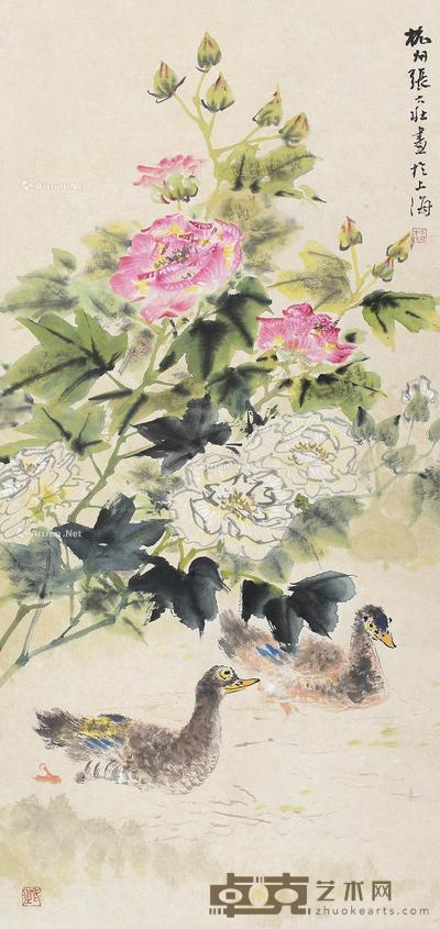 芙蓉双鸭图 立轴 设色纸本 96×45cm