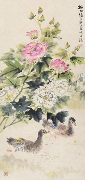  芙蓉双鸭图 立轴 设色纸本