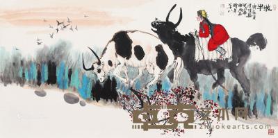  2000年作 牧牛 镜片 设色纸本 69×139cm
