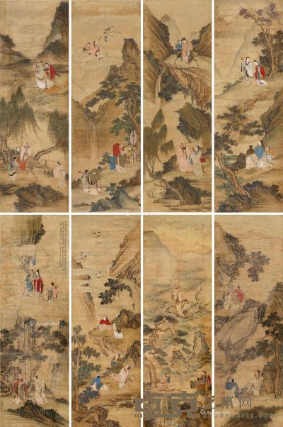 庚寅（1650）年作 群仙图 八屏 设色绢本 140×45cm×8