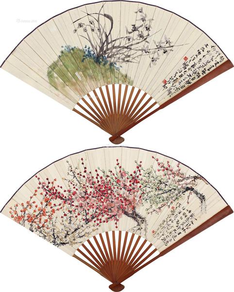  兰草、红梅 成扇 设色纸本