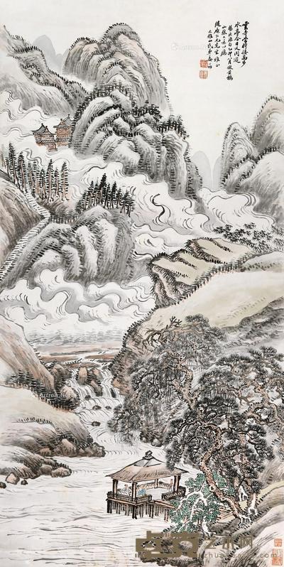  乙卯（1915）年作 云寺水亭 立轴 设色纸本 134×67cm